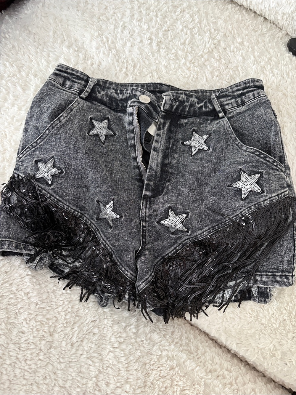 Fantastic Fawn Black Acid-Wash Star Fringe Denim Shorts